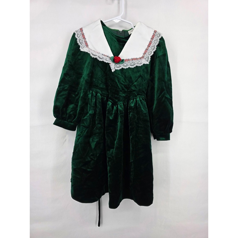 Vintage Rare Editions Girls Green Velvet Christmas Dress Lace Collar Size 6